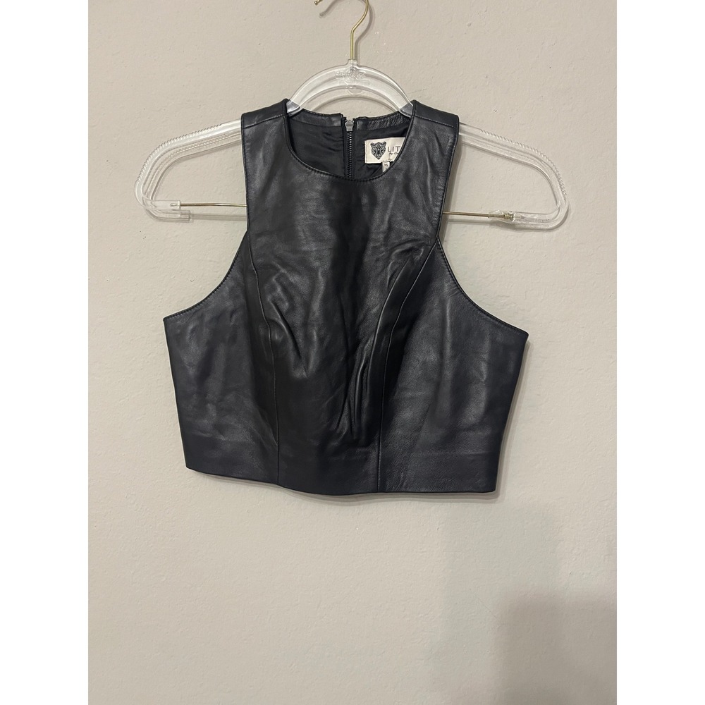 LITA by Ciara Black 100% Lamb Leather Crop Top High Neck XS NWT - Picture 2 of 12